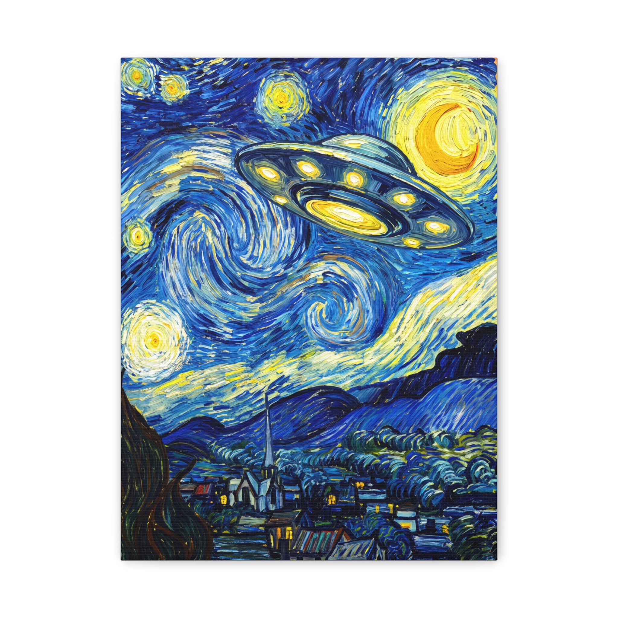 Starry UFO canvas wall art showing glowing UFO over swirling blue clouds and stars