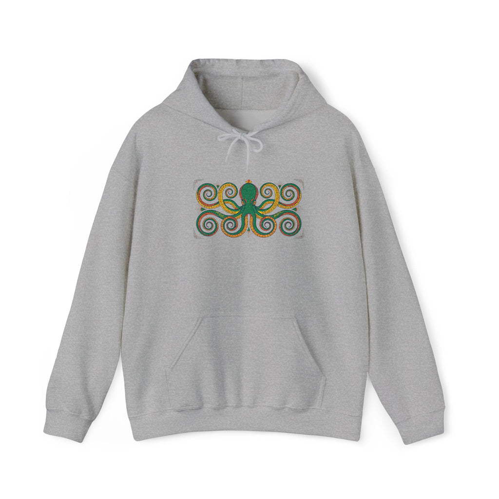 Light gray pullover hoodie with hood, drawstrings, kangaroo pocket, octopus swirl graphic