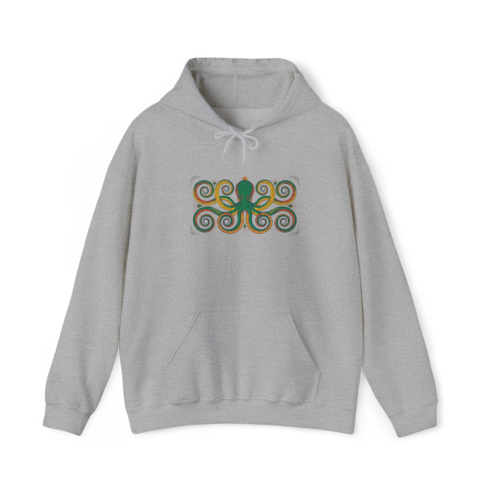 Light gray pullover hoodie with hood, drawstrings, kangaroo pocket, octopus swirl graphic