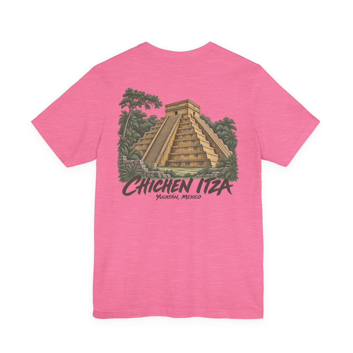 Pink travel T-shirt with Chichen Itza pyramid and palm tree back print
