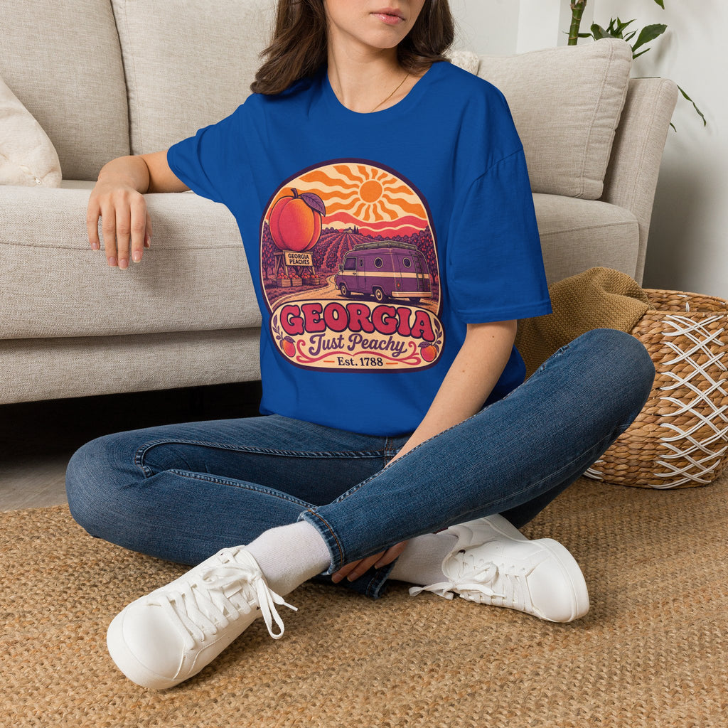 Royal blue unisex T-shirt with Georgia Just Peachy camper sunset graphic.