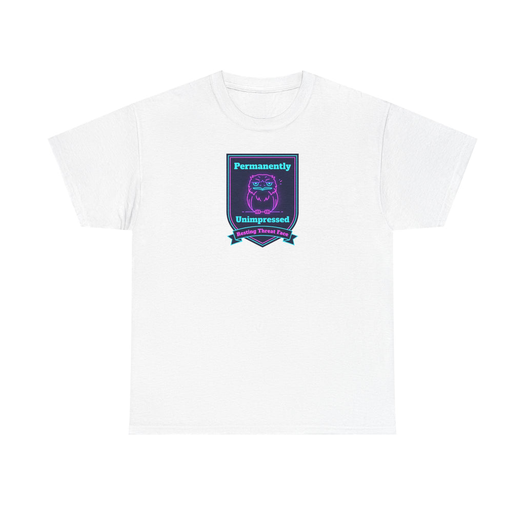 White crewneck T-shirt with small rectangular neon robot badge graphic on chest