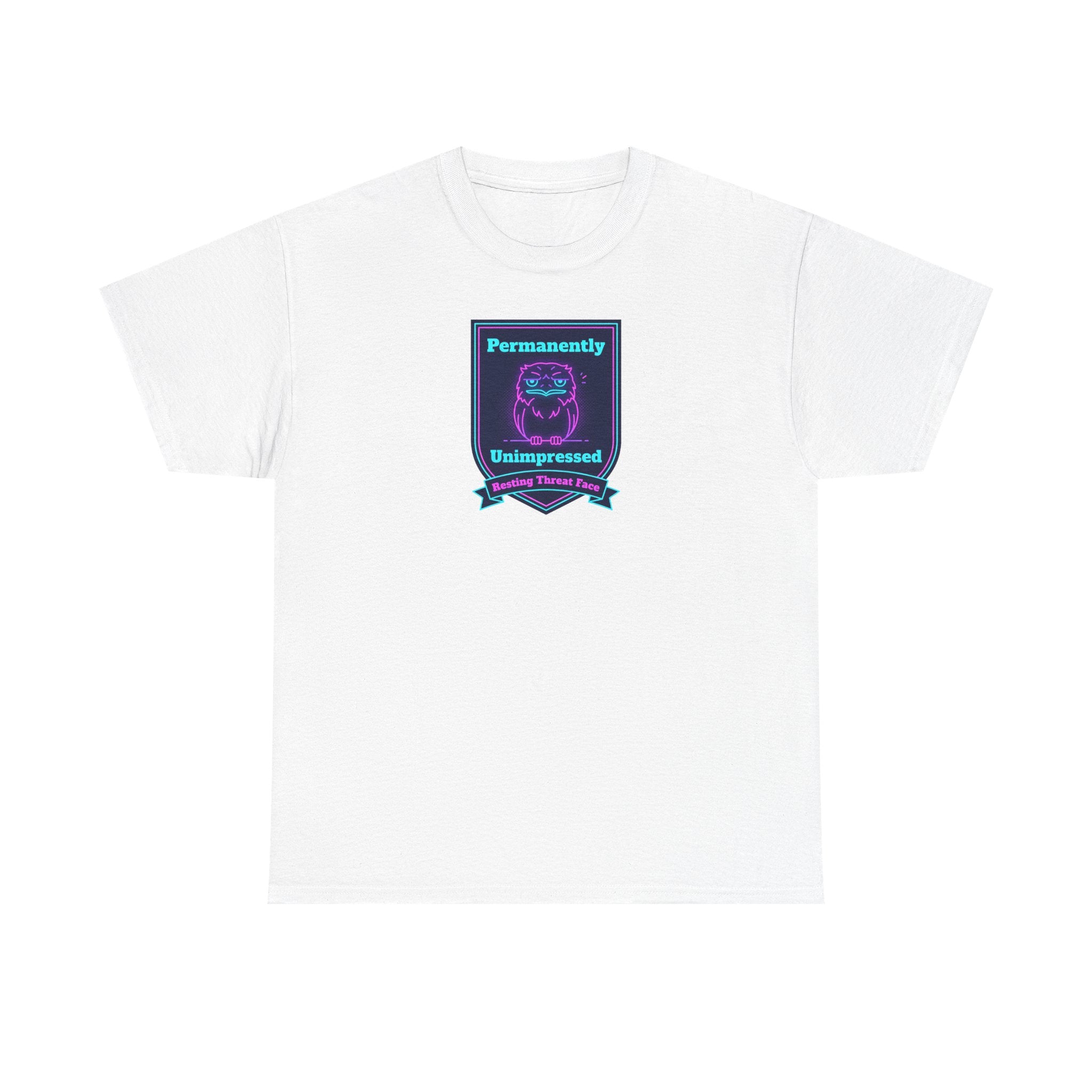 White crewneck T-shirt with small rectangular neon robot badge graphic on chest