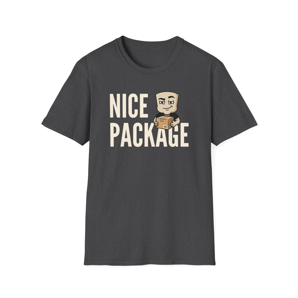 Dark heather grey T-shirt with 'NICE PACKAGE' graphic of a delivery worker holding a box