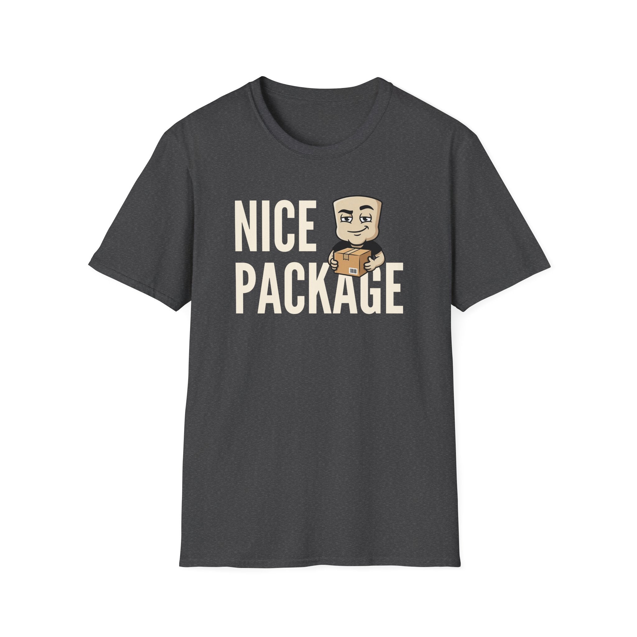 Dark heather grey T-shirt with 'NICE PACKAGE' graphic of a delivery worker holding a box