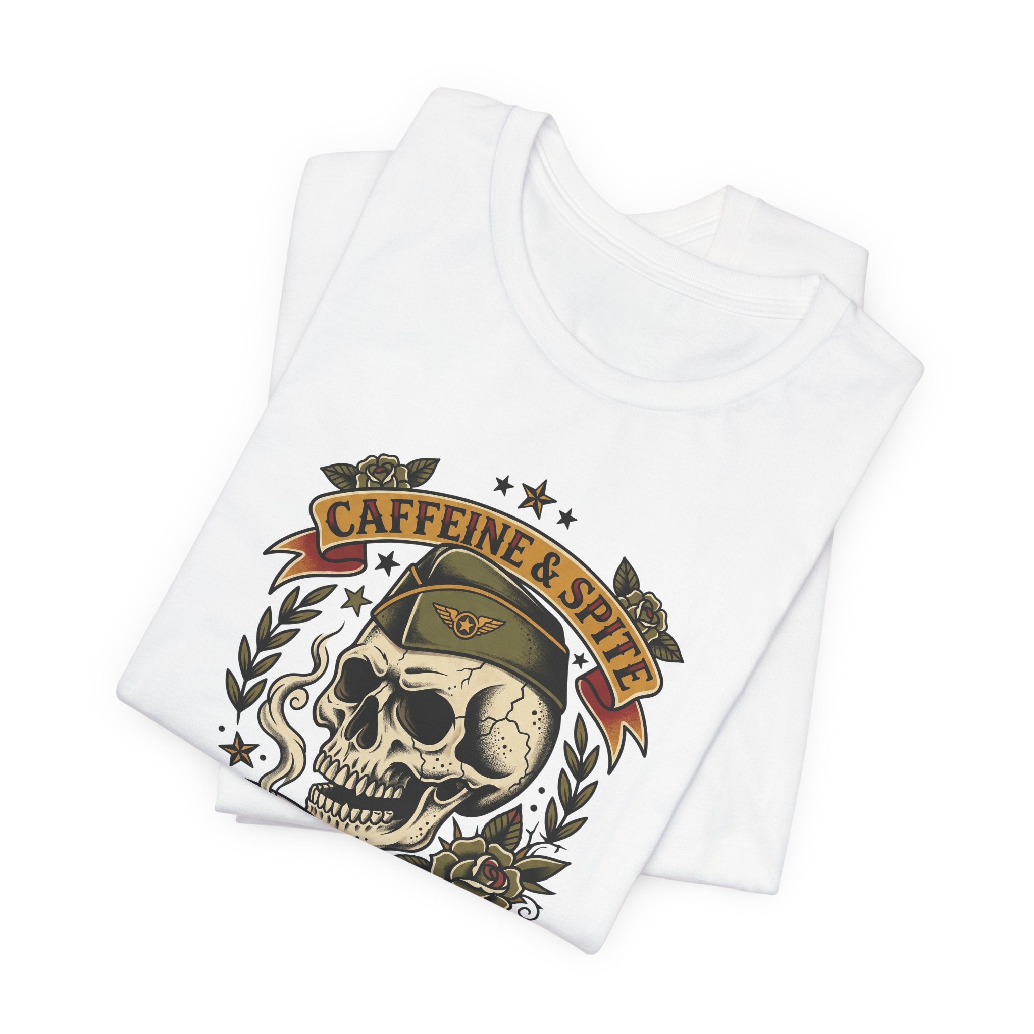 White crewneck T-shirt with Caffeine & Spite skull and coffee mug graphic