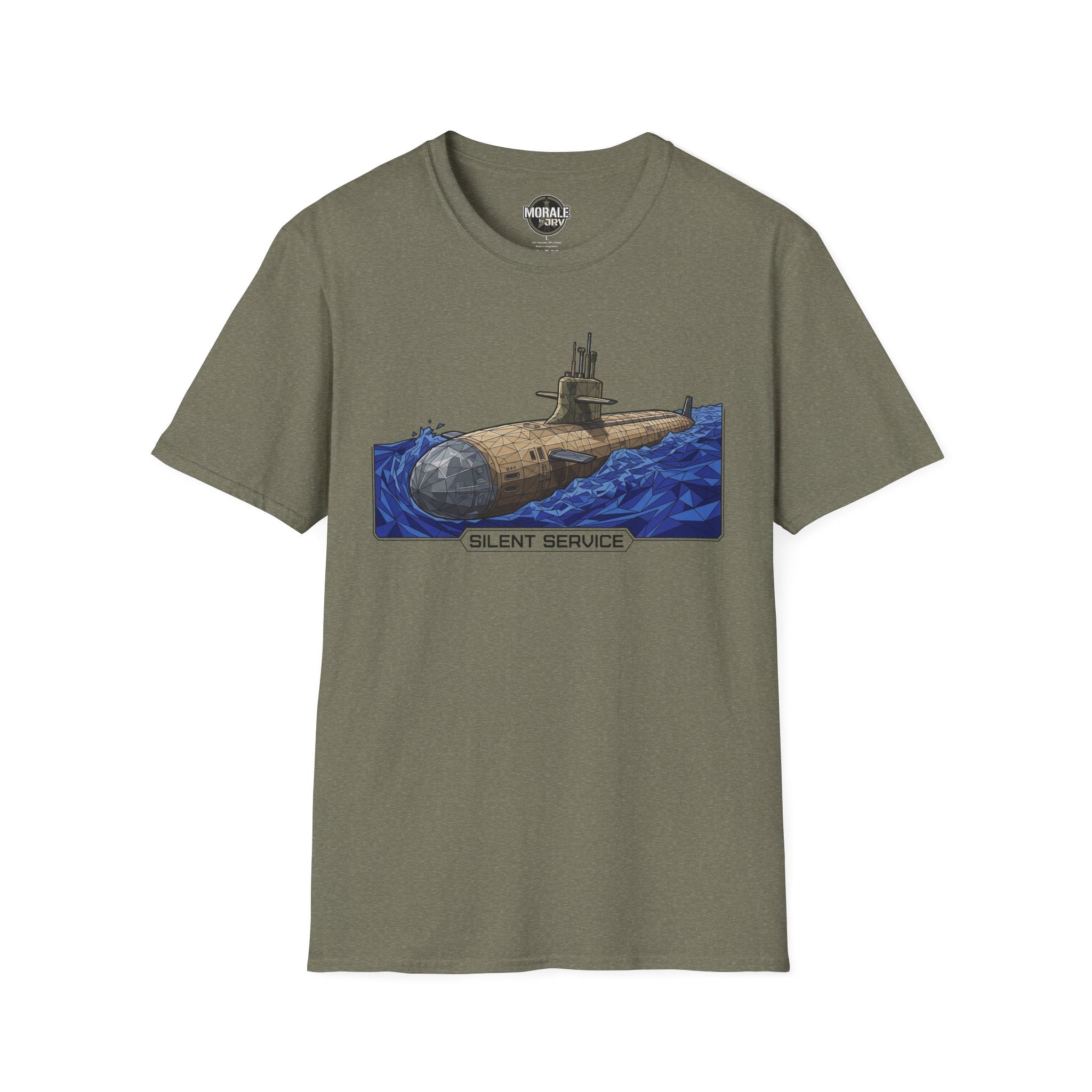 Silent Service T‑shirt in military green with submarine graphic and “SILENT SERVICE”