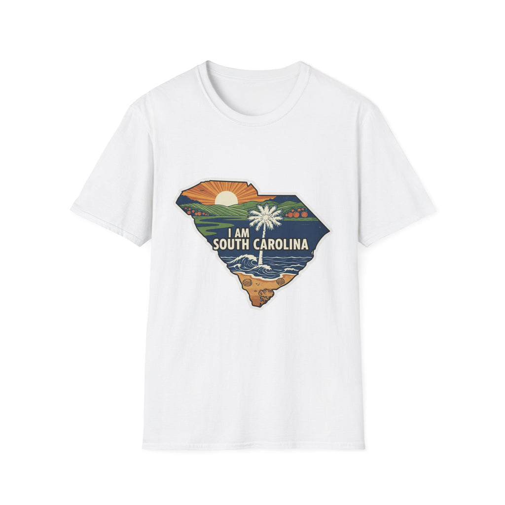 White T-shirt with South Carolina map graphic and “I AM SOUTH CAROLINA” text