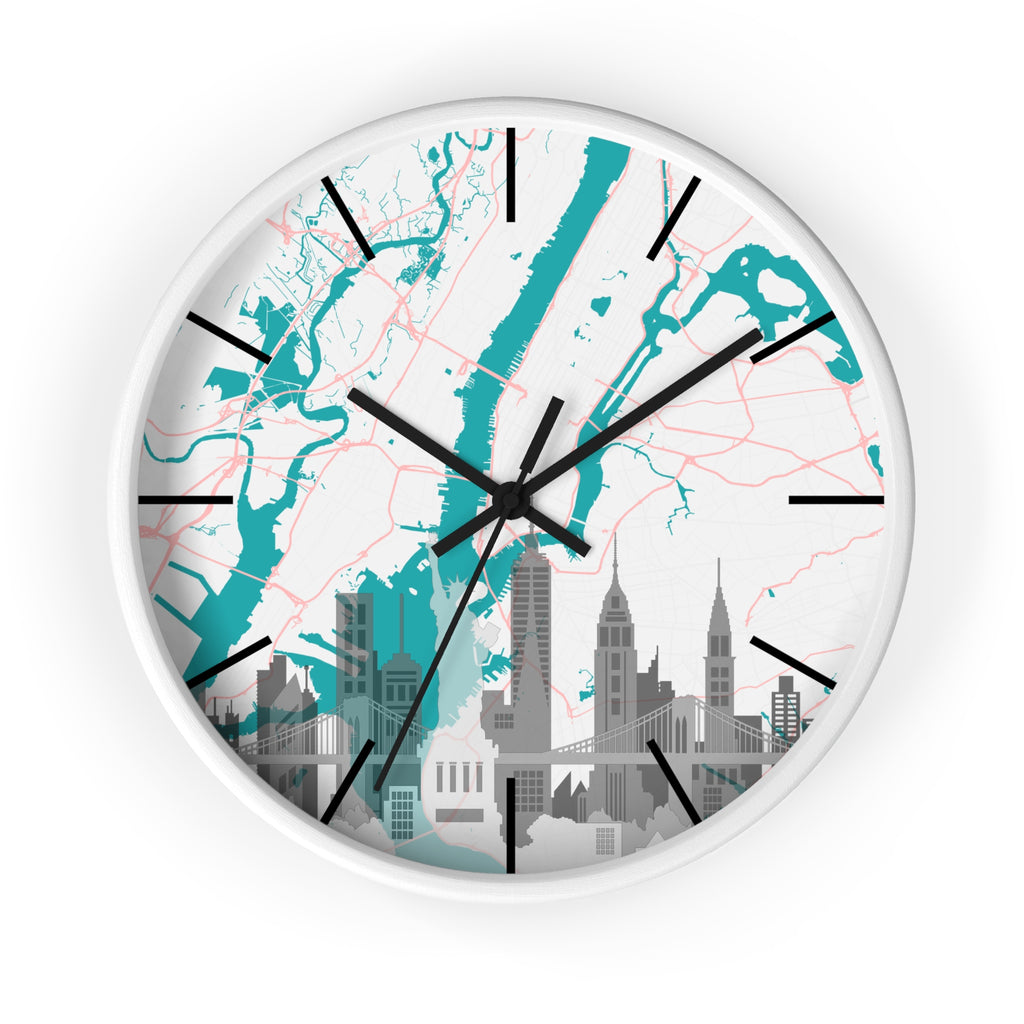 City skyline map wall clock with teal river background, black hands and white frame