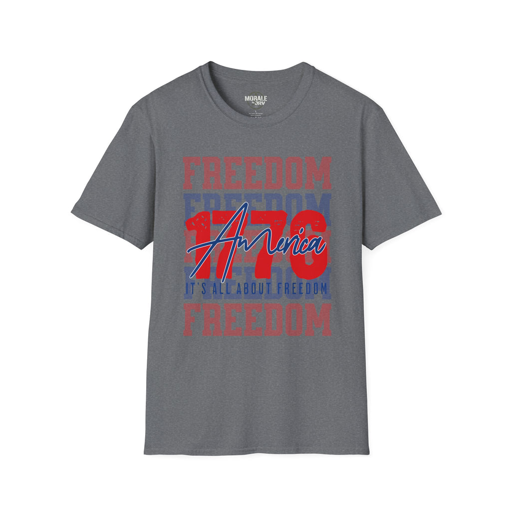 Charcoal gray Freedom USA graphic T-shirt with red/blue 'America' print