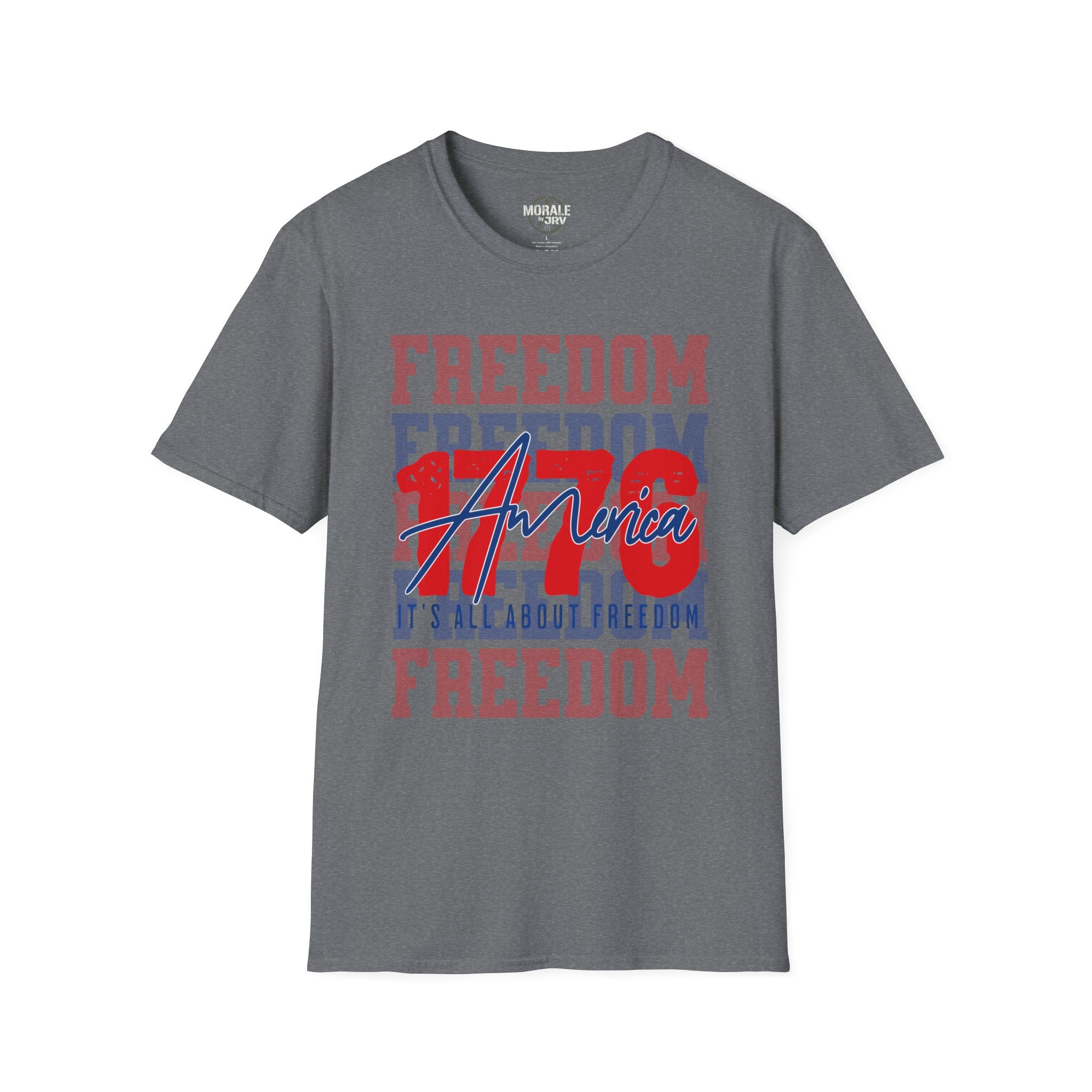 Charcoal gray Freedom USA graphic T-shirt with red/blue 'America' print