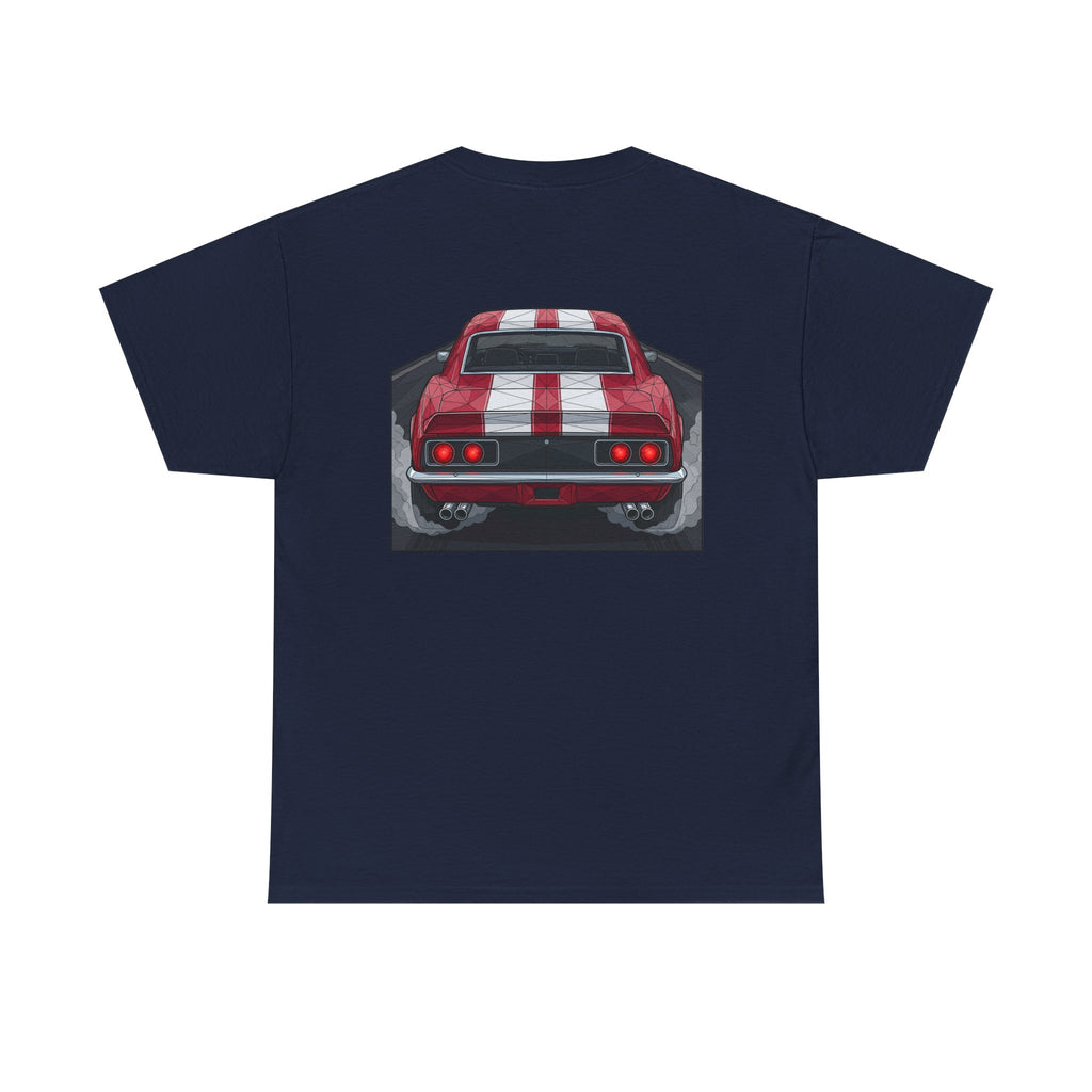 Navy muscle car graphic tee with rear red-and-black car illustration