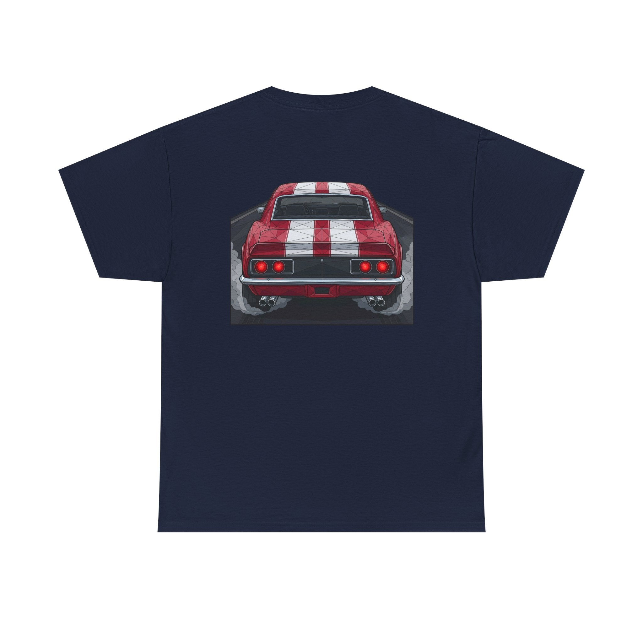 Navy muscle car graphic tee with rear red-and-black car illustration