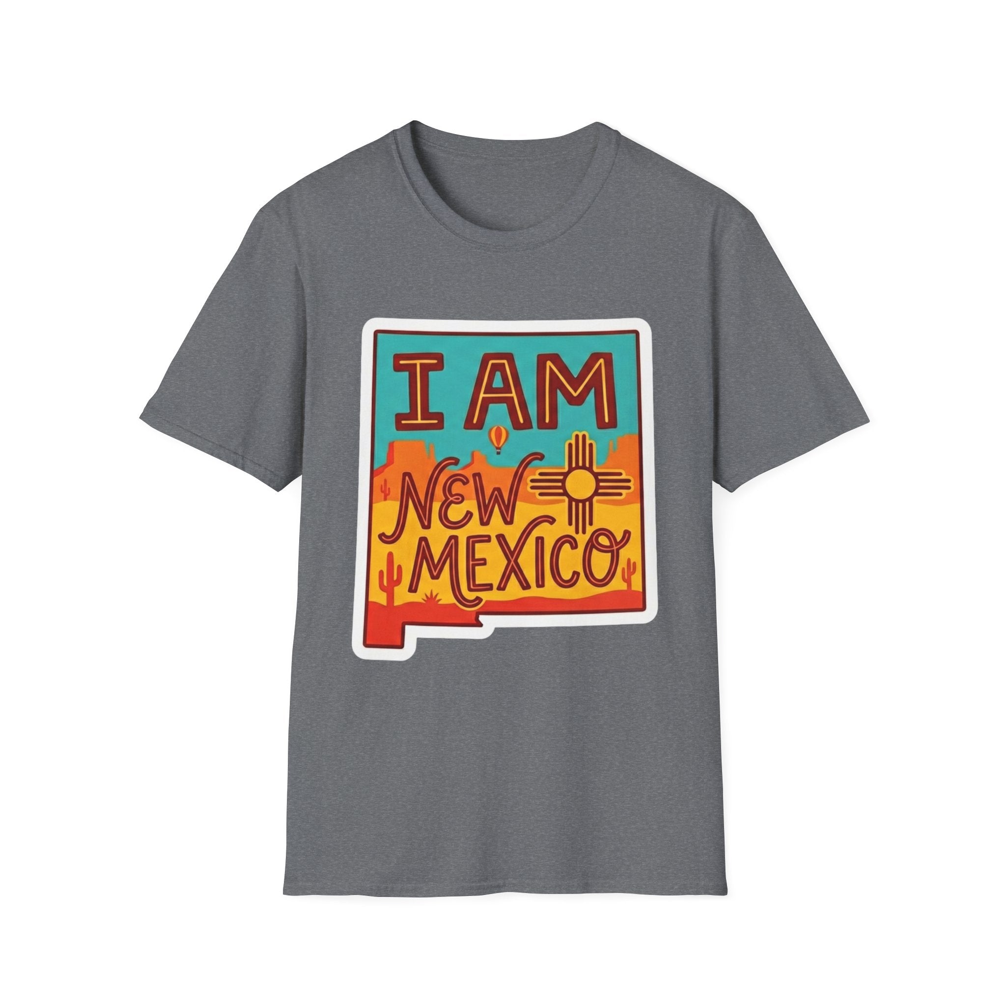 Dark heather grey T-shirt with “I AM New Mexico” state pride graphic on the chest