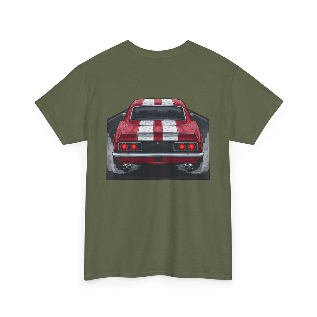 Military green T-shirt with vintage red muscle car graphic on the chest