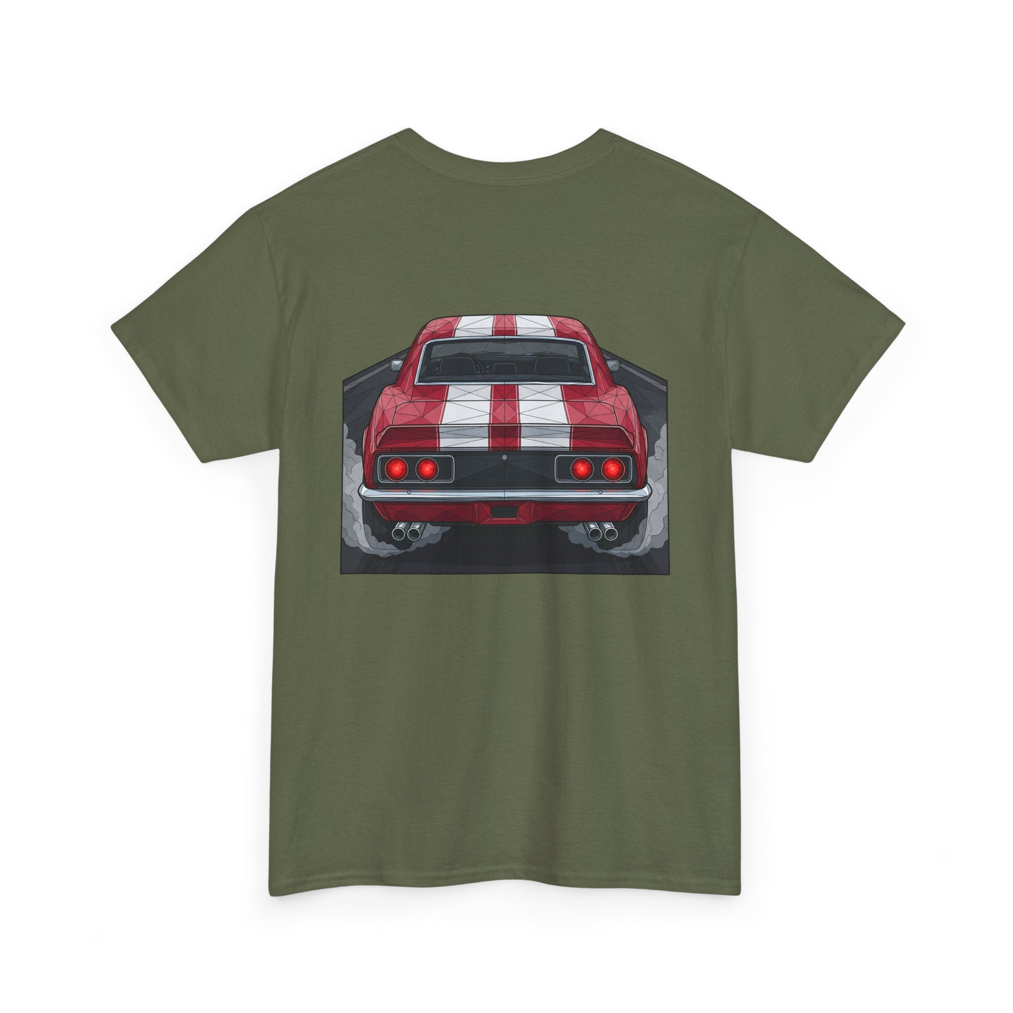 Military green T-shirt with vintage red muscle car graphic on the chest