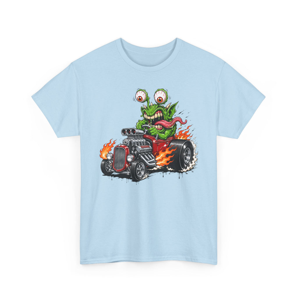 Unisex light blue T-shirt with monster hot rod graphic on front