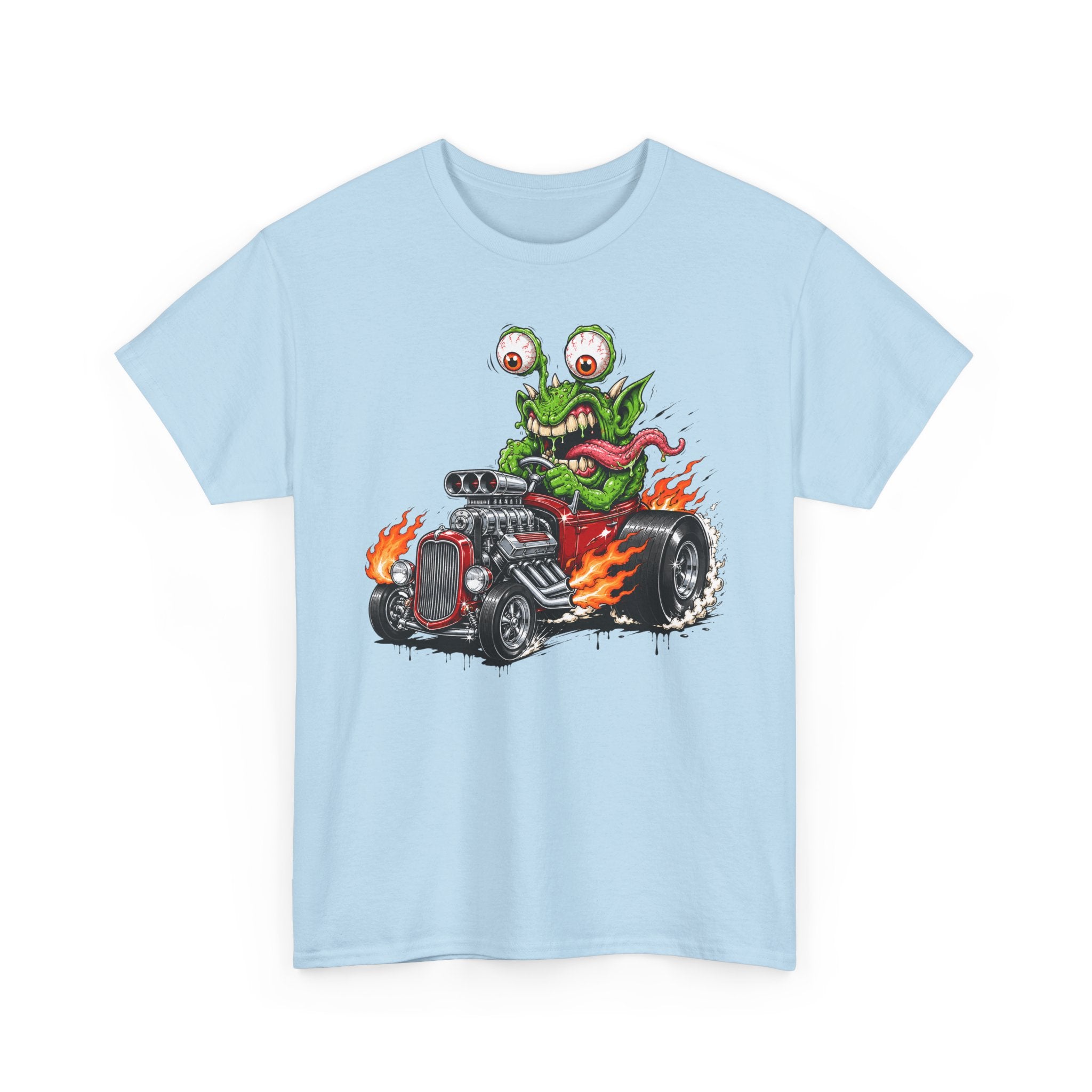 Unisex light blue T-shirt with monster hot rod graphic on front