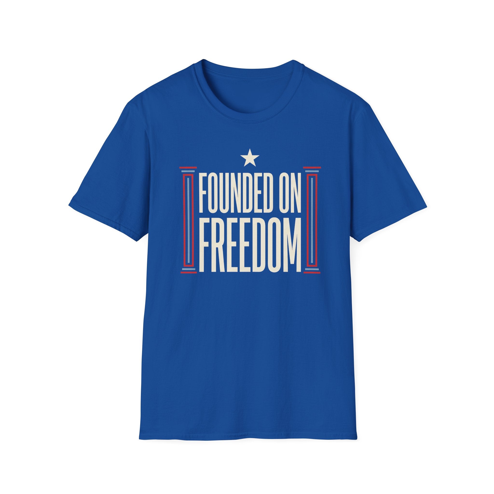 Royal blue crewneck T-shirt with star and freedom text graphic
