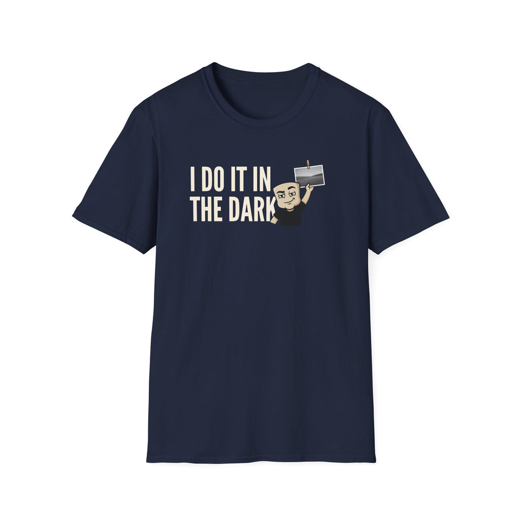 Navy blue T-shirt with “I DO IT IN THE DARK” camera graphic on chest