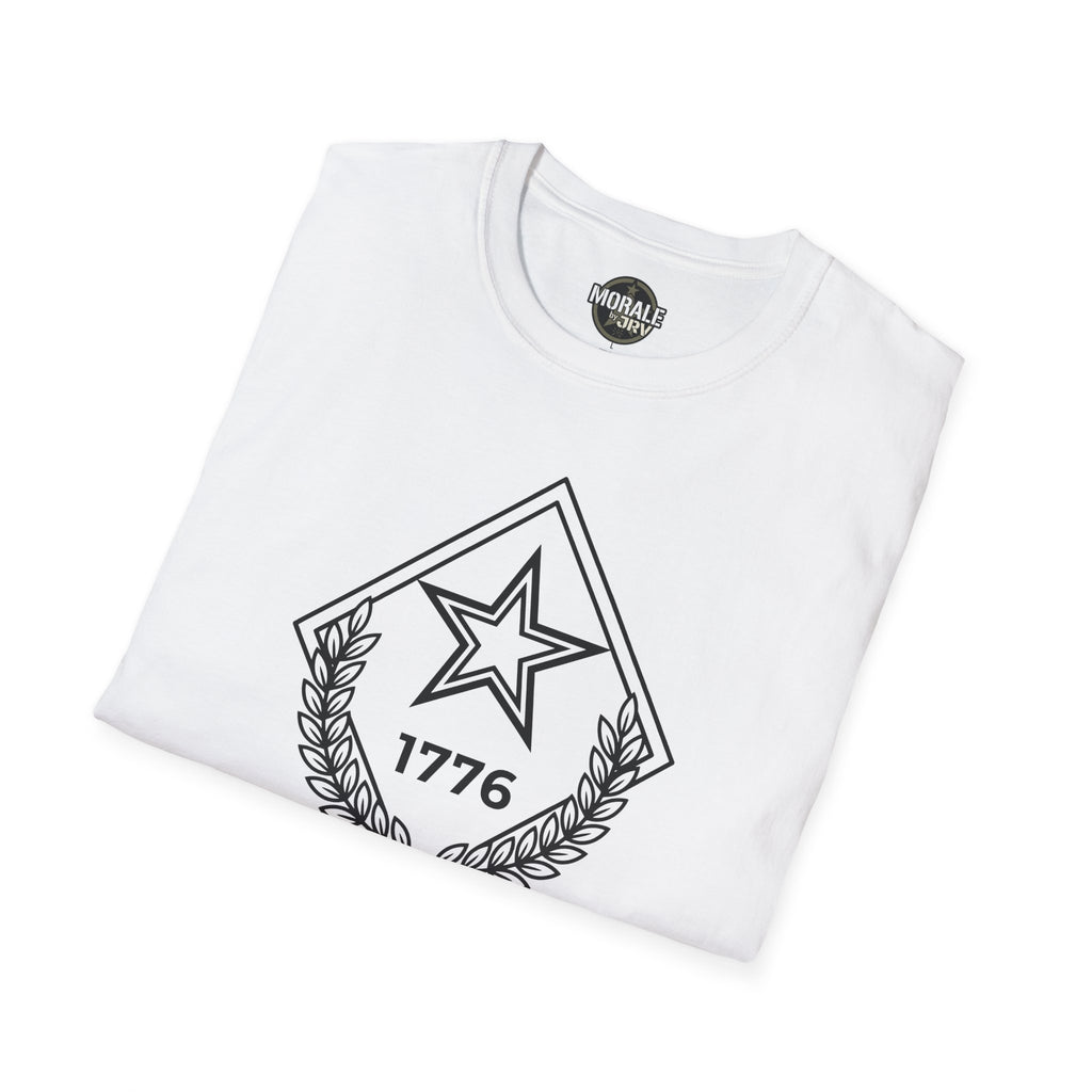 White T-shirt with 1776 star and laurel emblem graphic