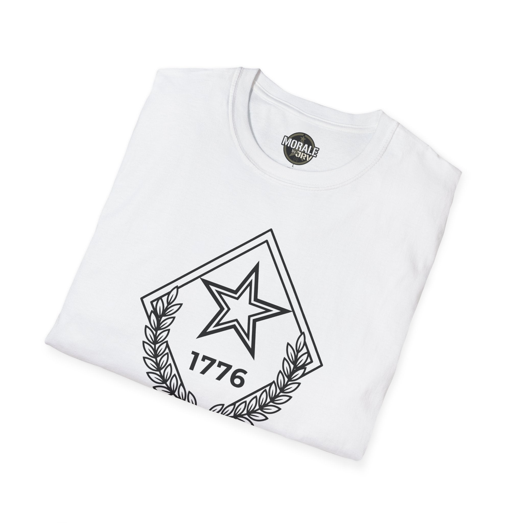 White T-shirt with 1776 star and laurel emblem graphic