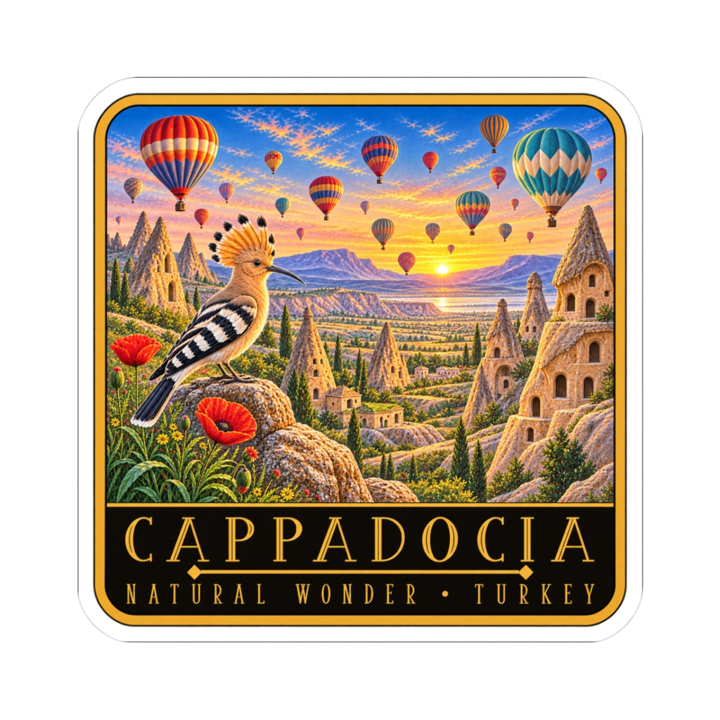 Rounded kiss-cut travel sticker with hot air balloons, dove, and Cappadocia Turkey text