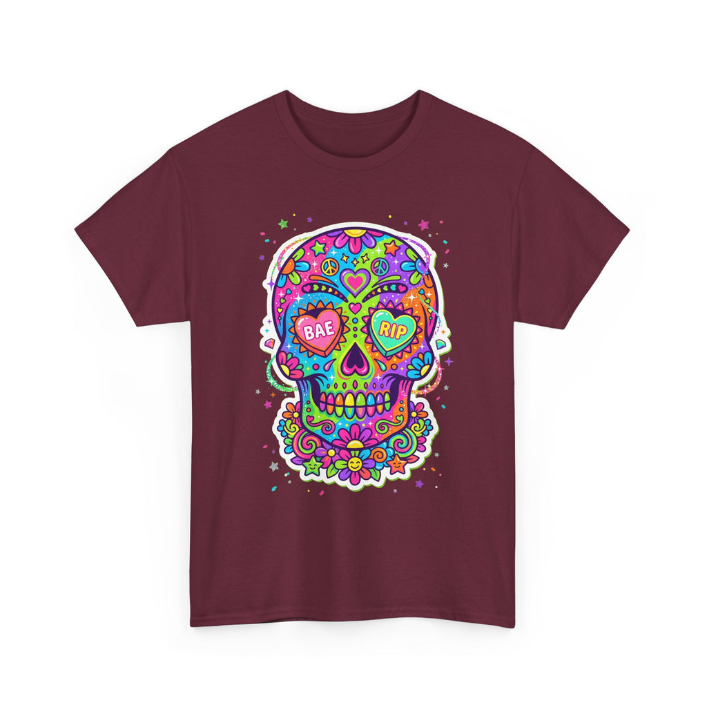 Maroon T-shirt with colorful sugar skull graphic on chest