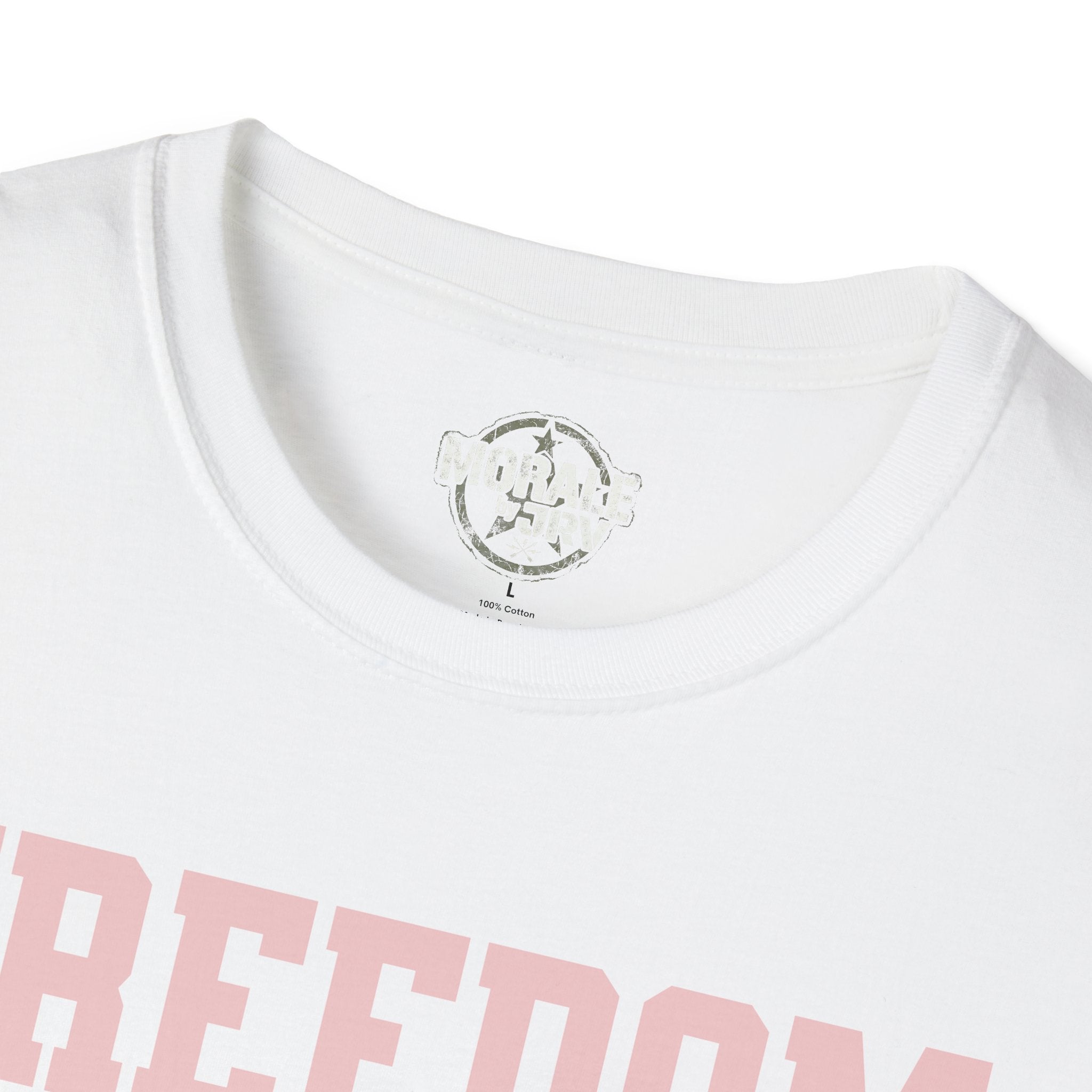 White Freedom T-shirt neckline with small chest logo and partial printed text