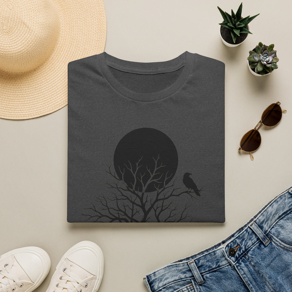Dark gray t-shirt with black moon, tree silhouette graphic, and crow perched on right