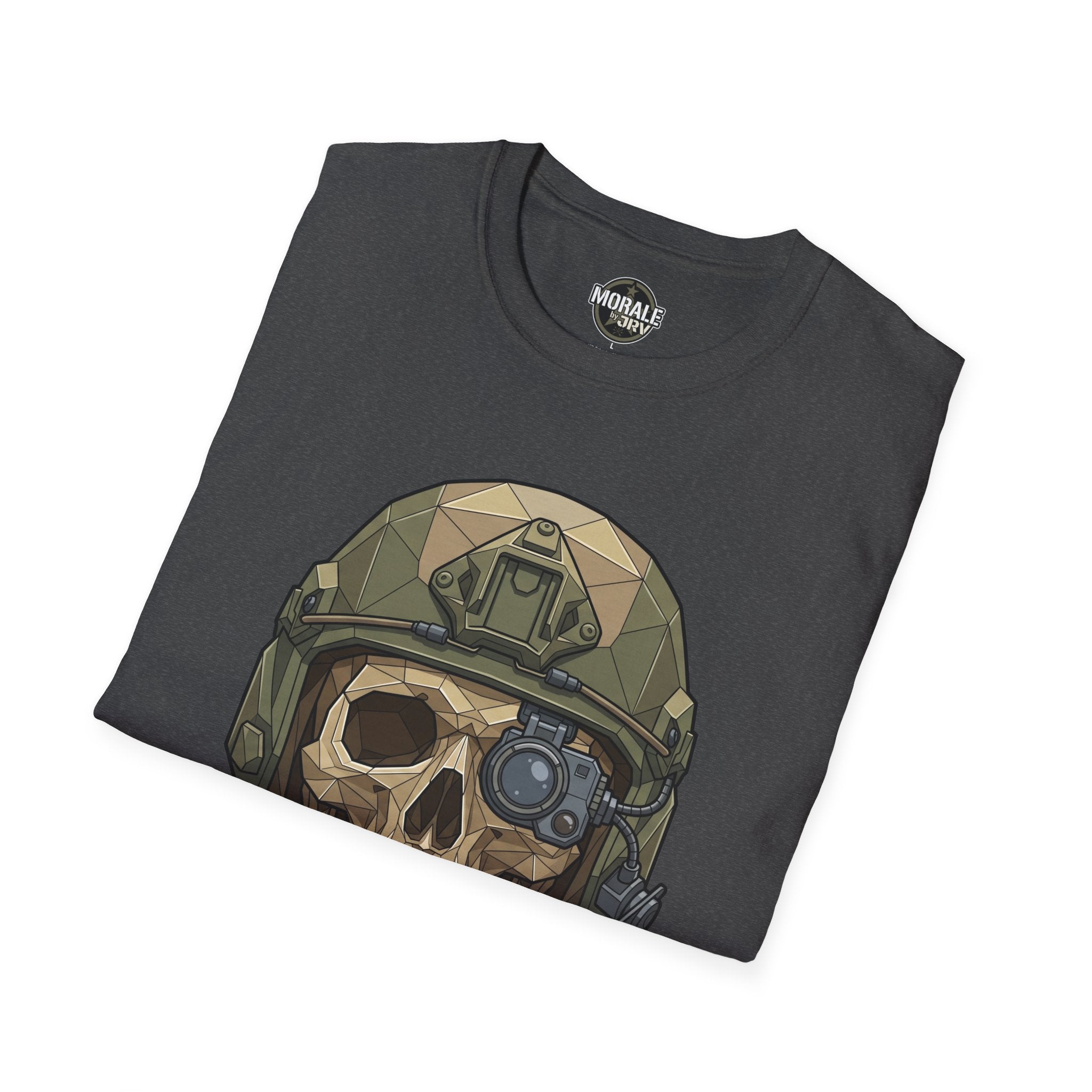 Charcoal tactical skull helmet graphic T-shirt, front view