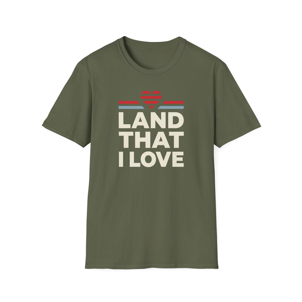 Olive green crewneck T-shirt with retro heart graphic and text 'LAND THAT I LOVE'