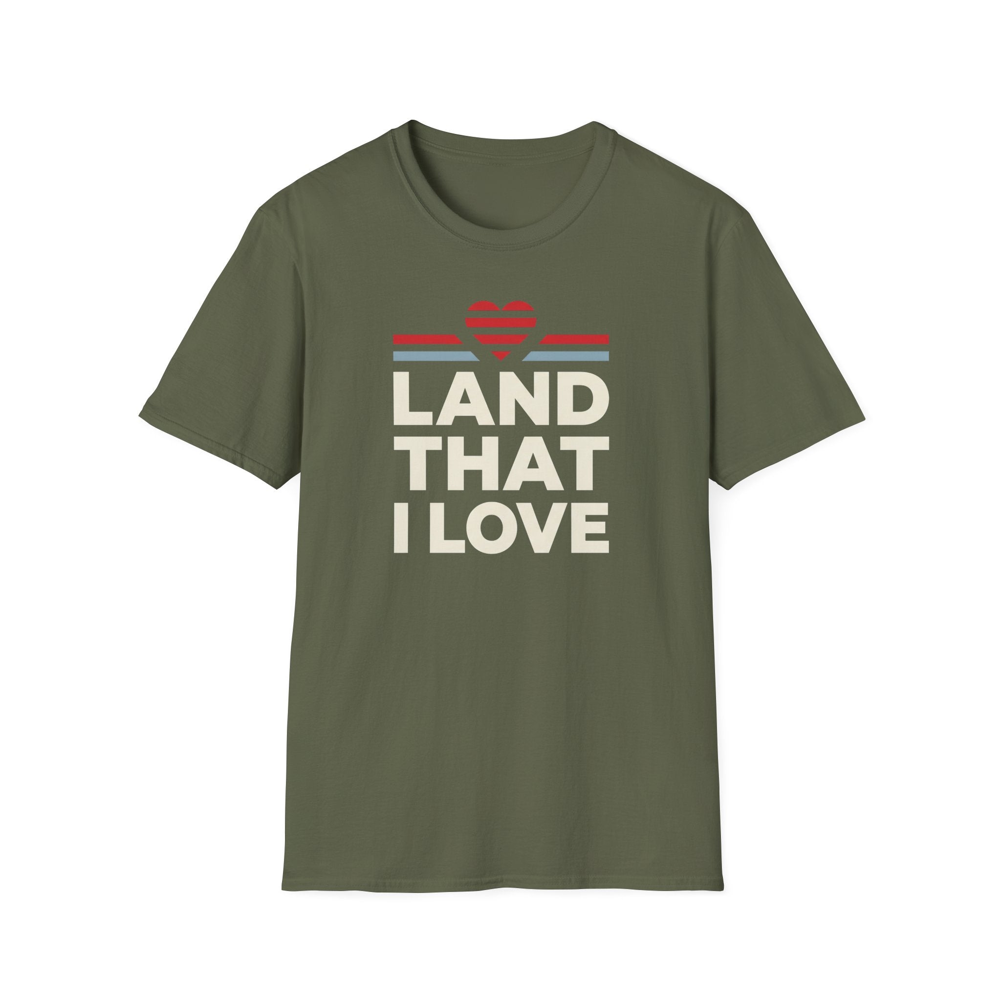 Olive green crewneck T-shirt with retro heart graphic and text 'LAND THAT I LOVE'