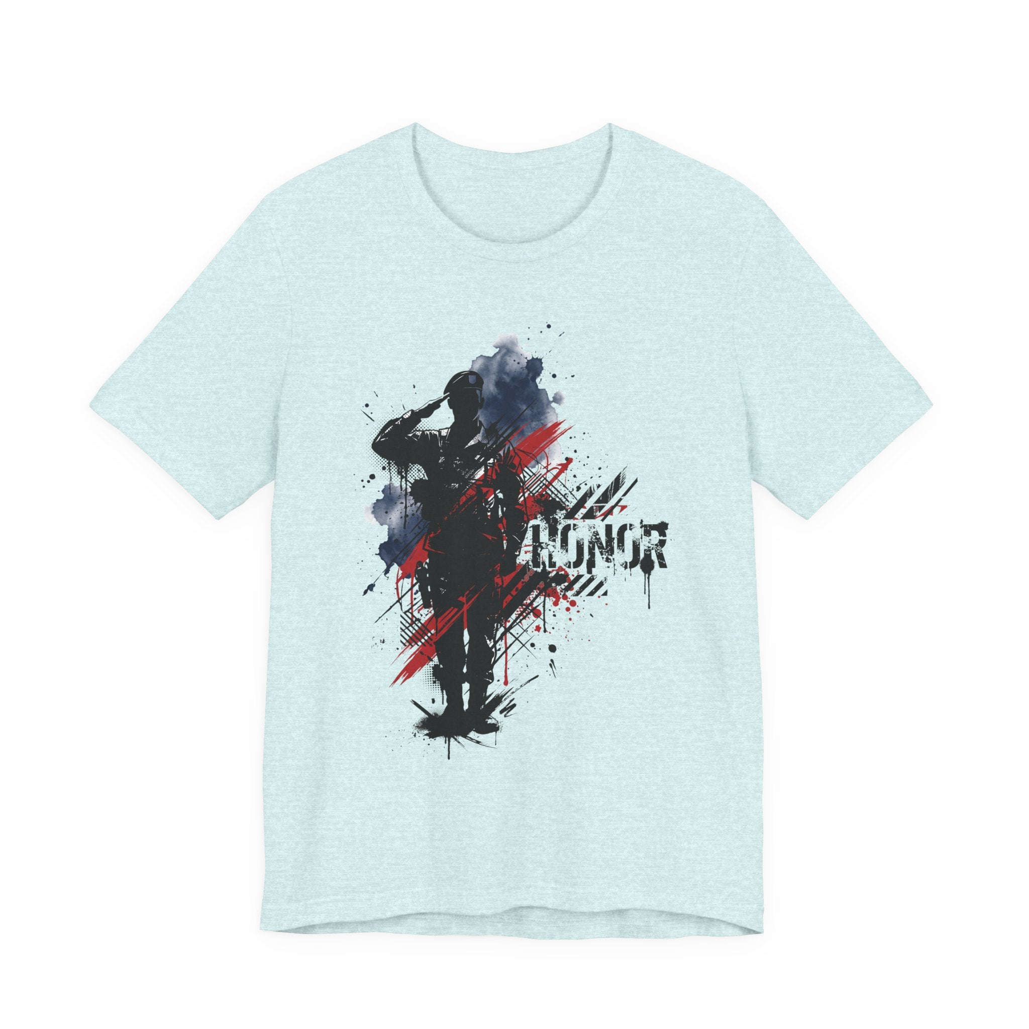 Light aqua crewneck T-shirt with soldier silhouette and red-blue brushstroke graphic, front print.