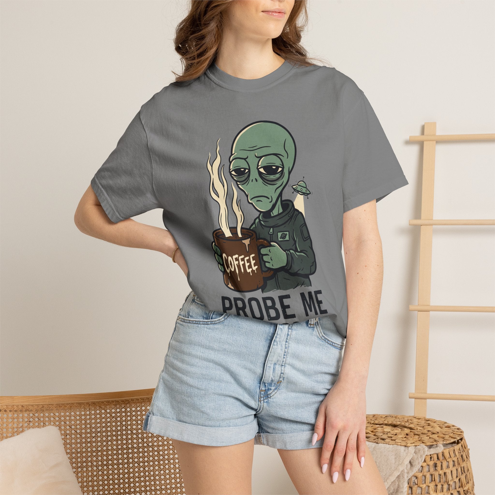 Gray alien coffee graphic T-shirt on model, short sleeves, crew neck.