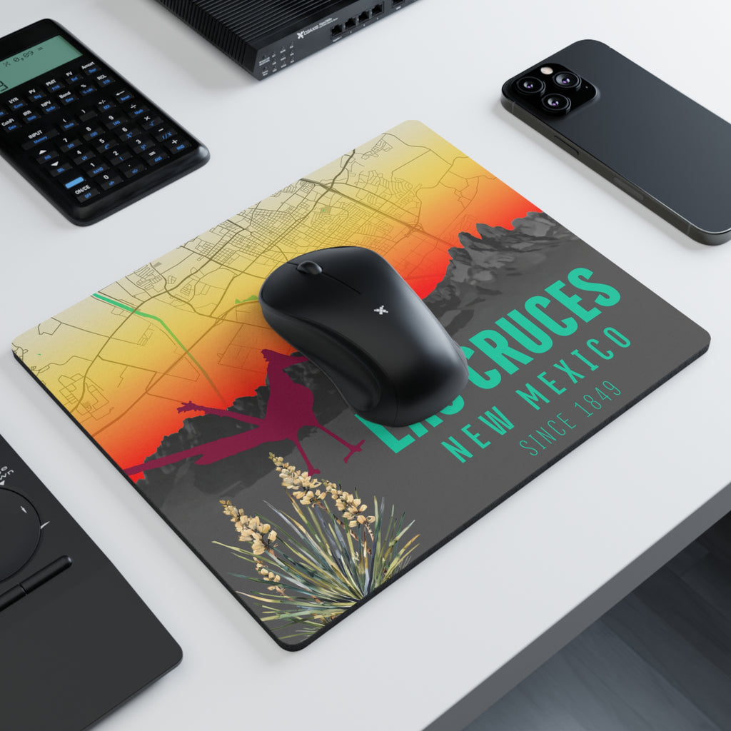 Rectangular Las Cruces mouse pad with city map, desert sunset, mouse and roadrunner graphic