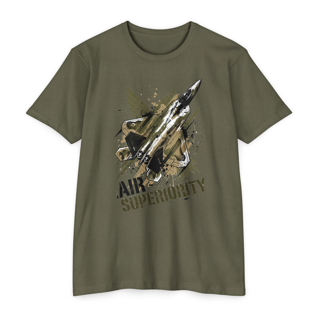 Olive green crewneck T-shirt with jet 'AIR SUPERIORITY' graphic.