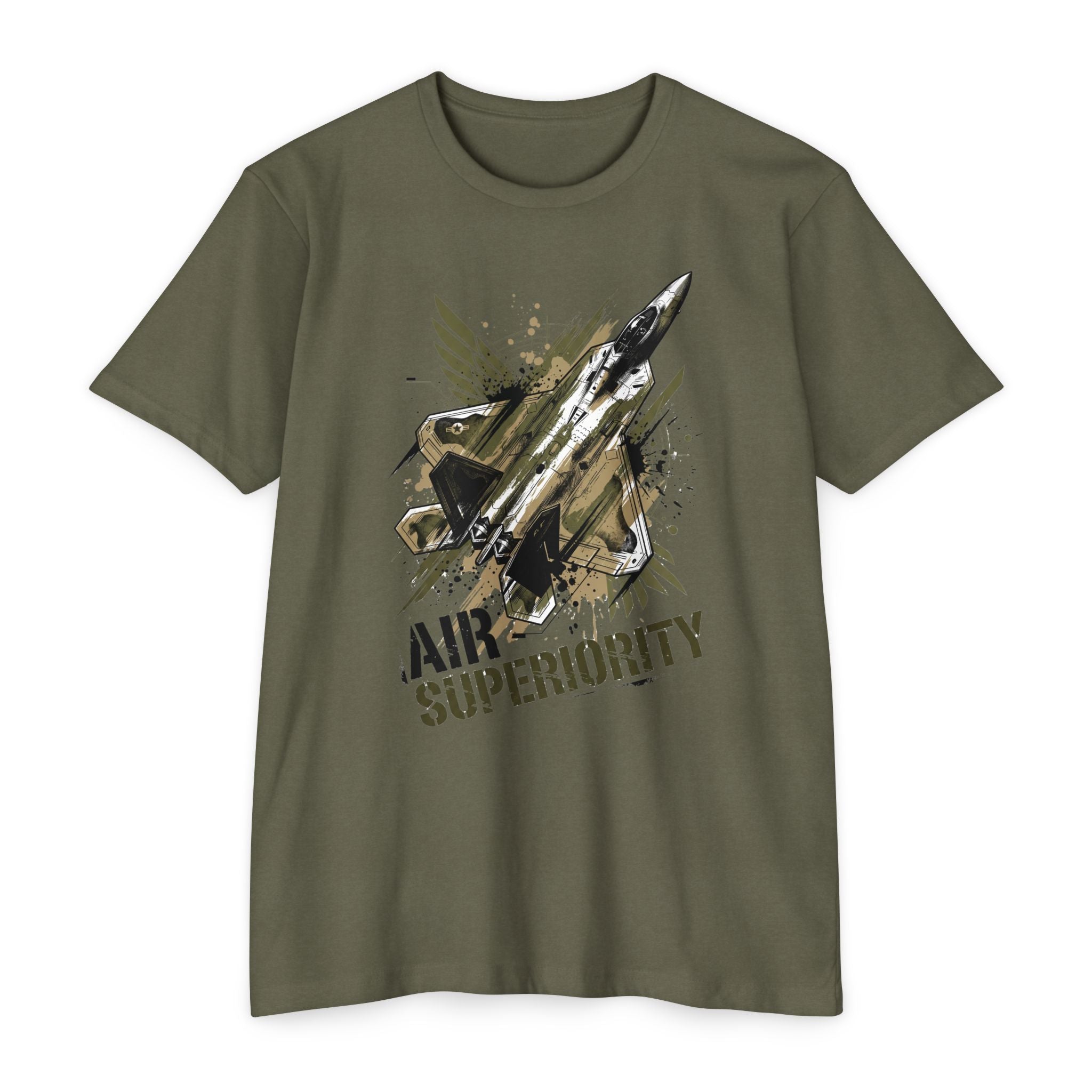 Olive green crewneck T-shirt with jet 'AIR SUPERIORITY' graphic.