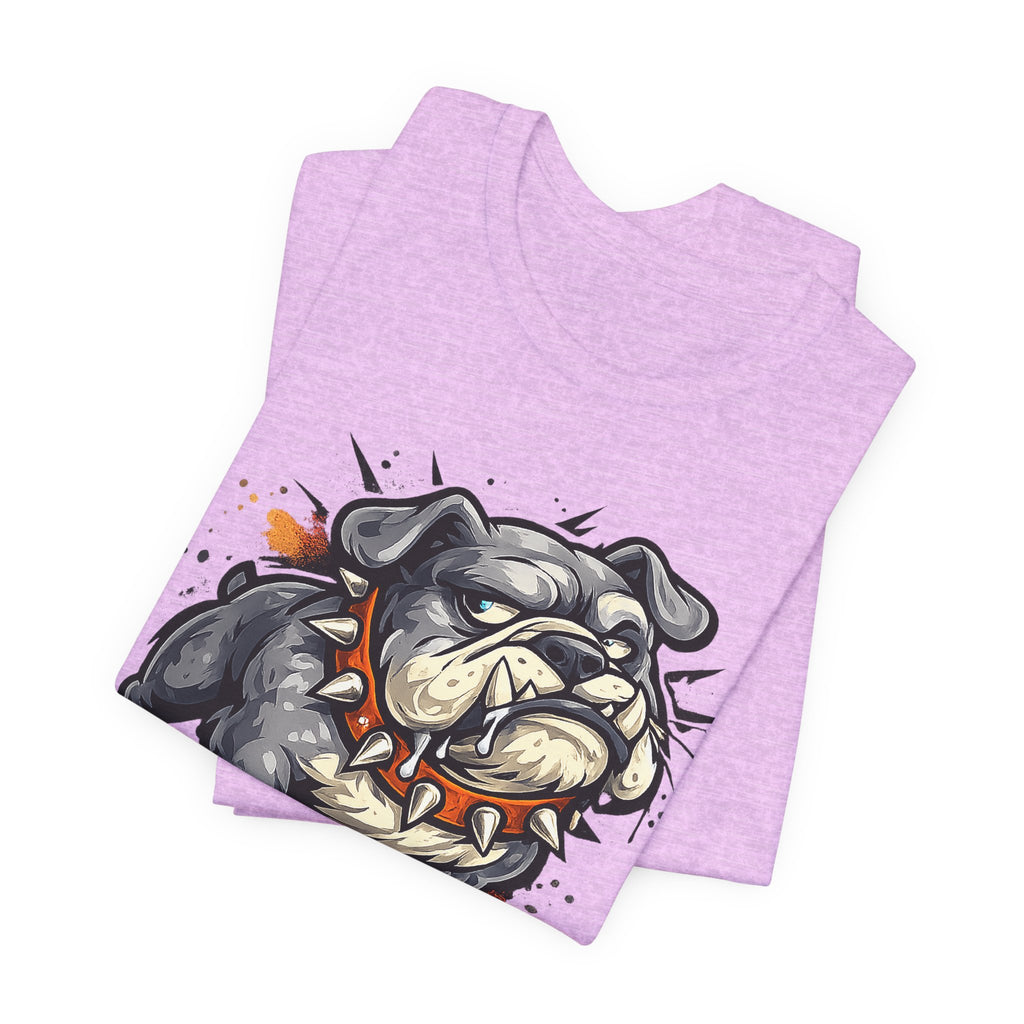 Lavender unisex tee with fierce cartoon bulldog head graphic
