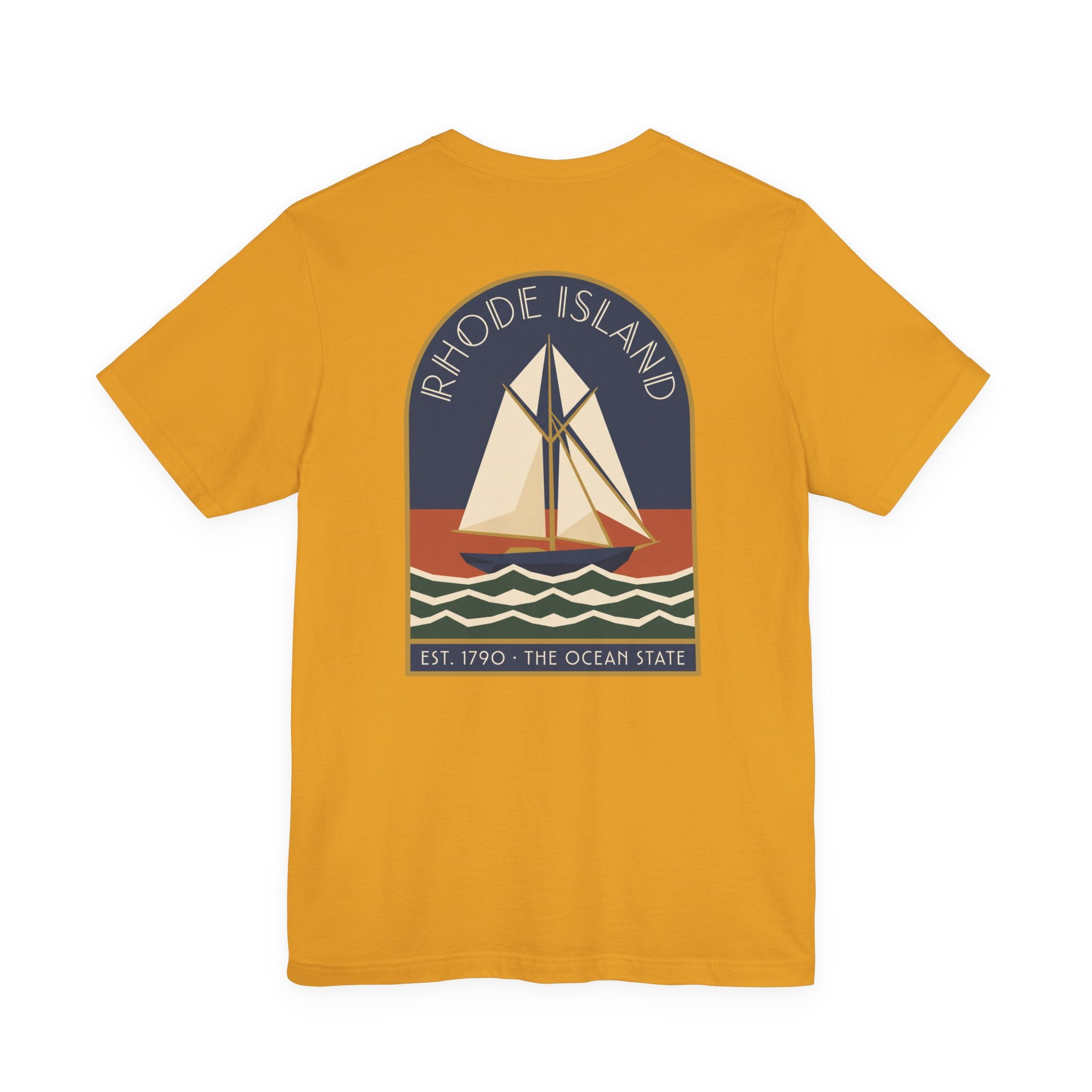 Mustard yellow T-shirt with large back sailboat graphic in bordered rectangle