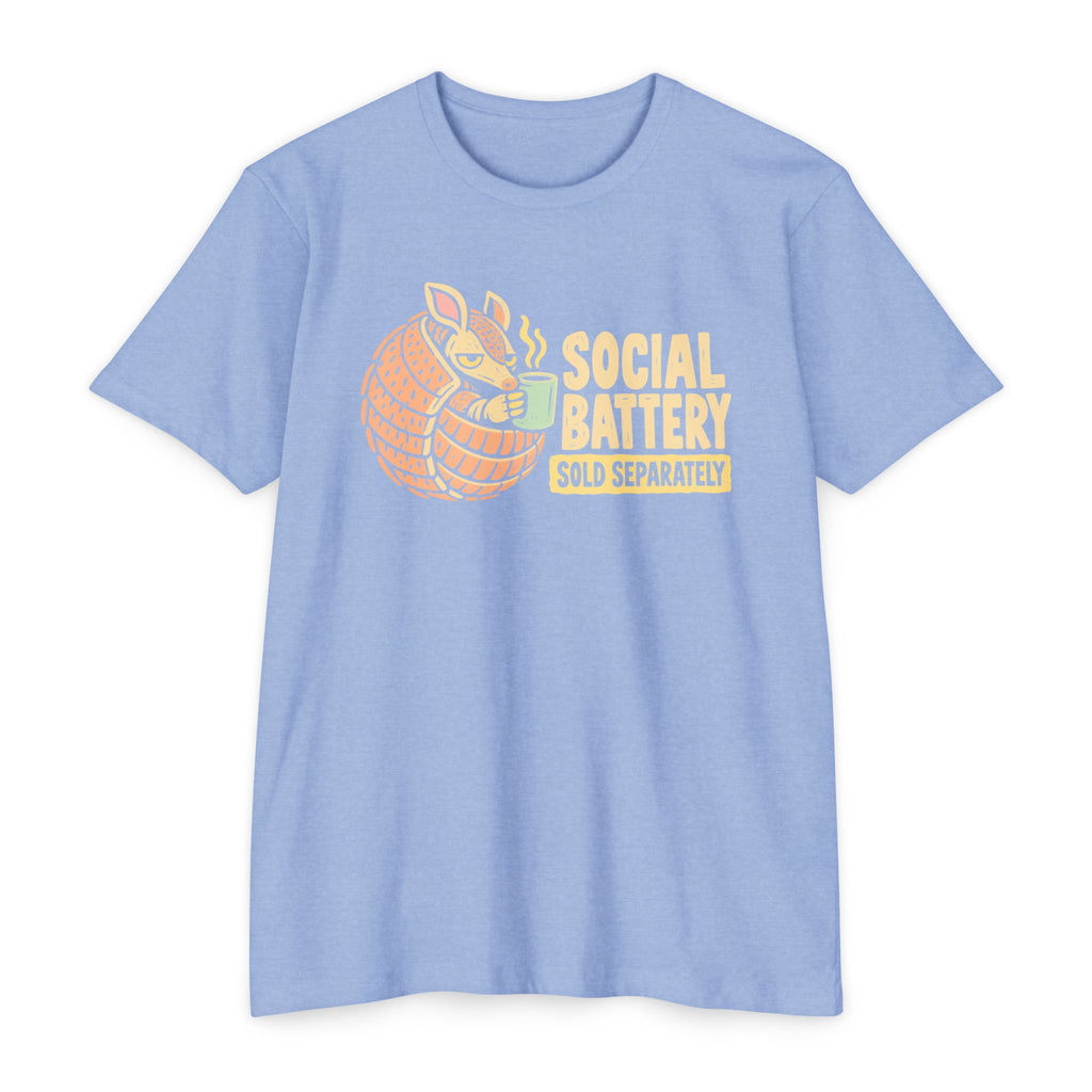 Light blue t-shirt with orange armadillo graphic and “SOCIAL BATTERY” text
