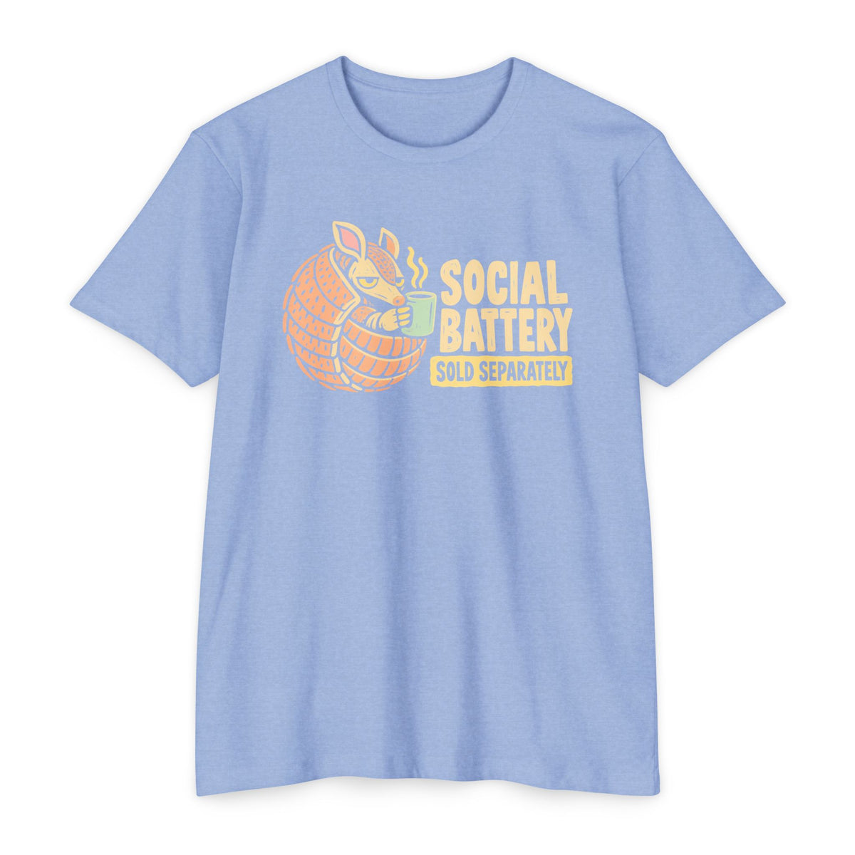 Light blue t-shirt with orange armadillo graphic and “SOCIAL BATTERY” text