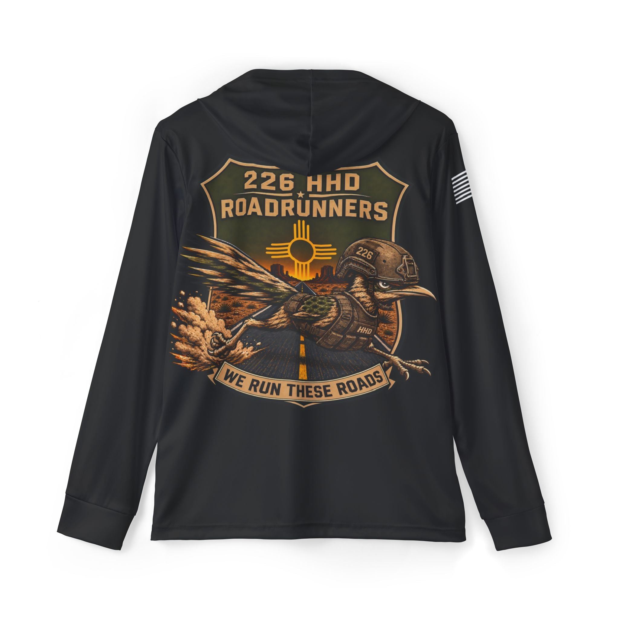 Black pullover hoodie with large back graphic and hood