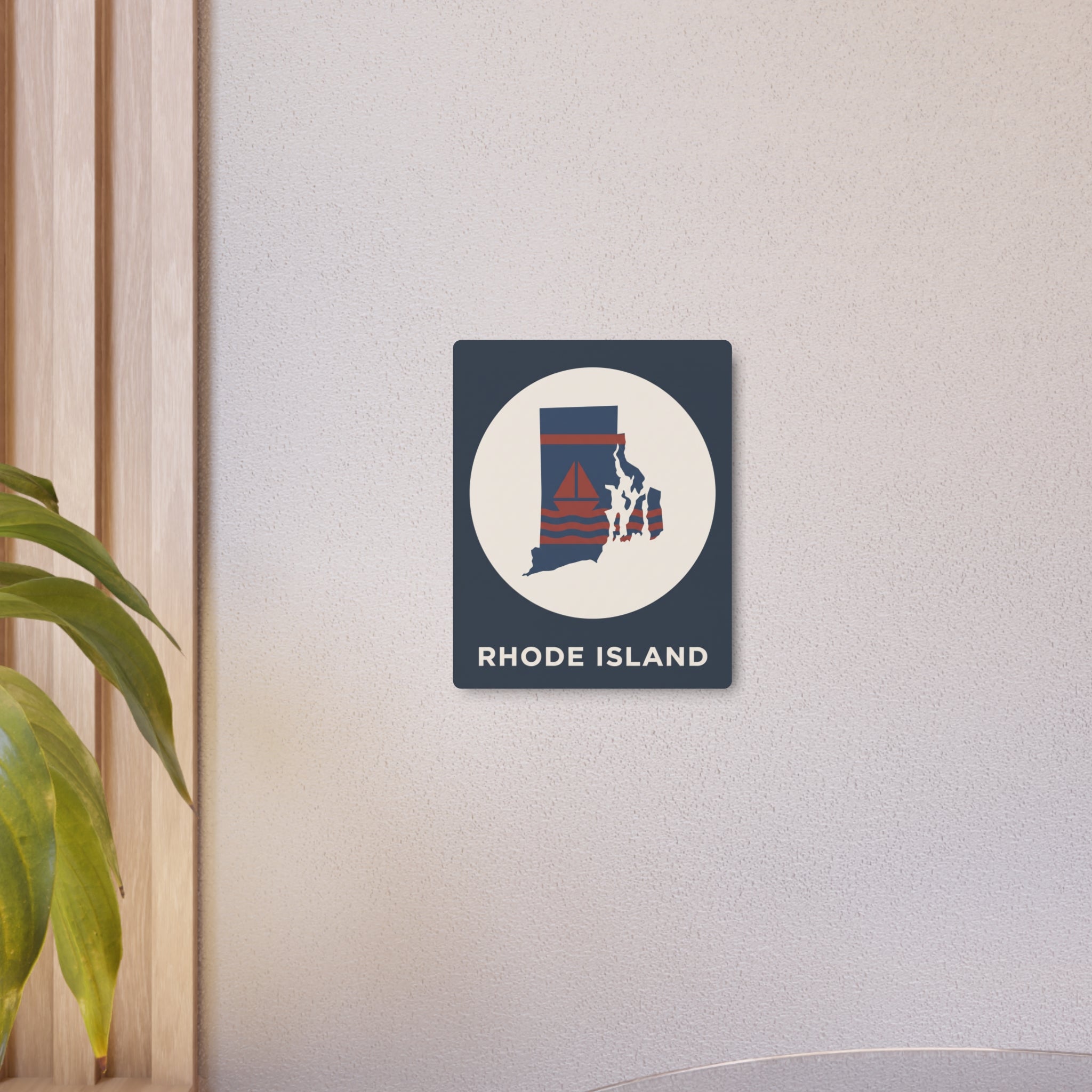 Rhode Island state map metal wall art sign, small square with sailboat graphic and white circle