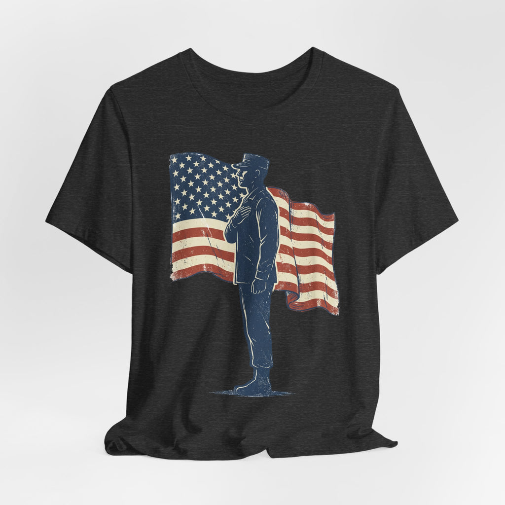 Black T-shirt with saluting soldier and American flag graphic on the front