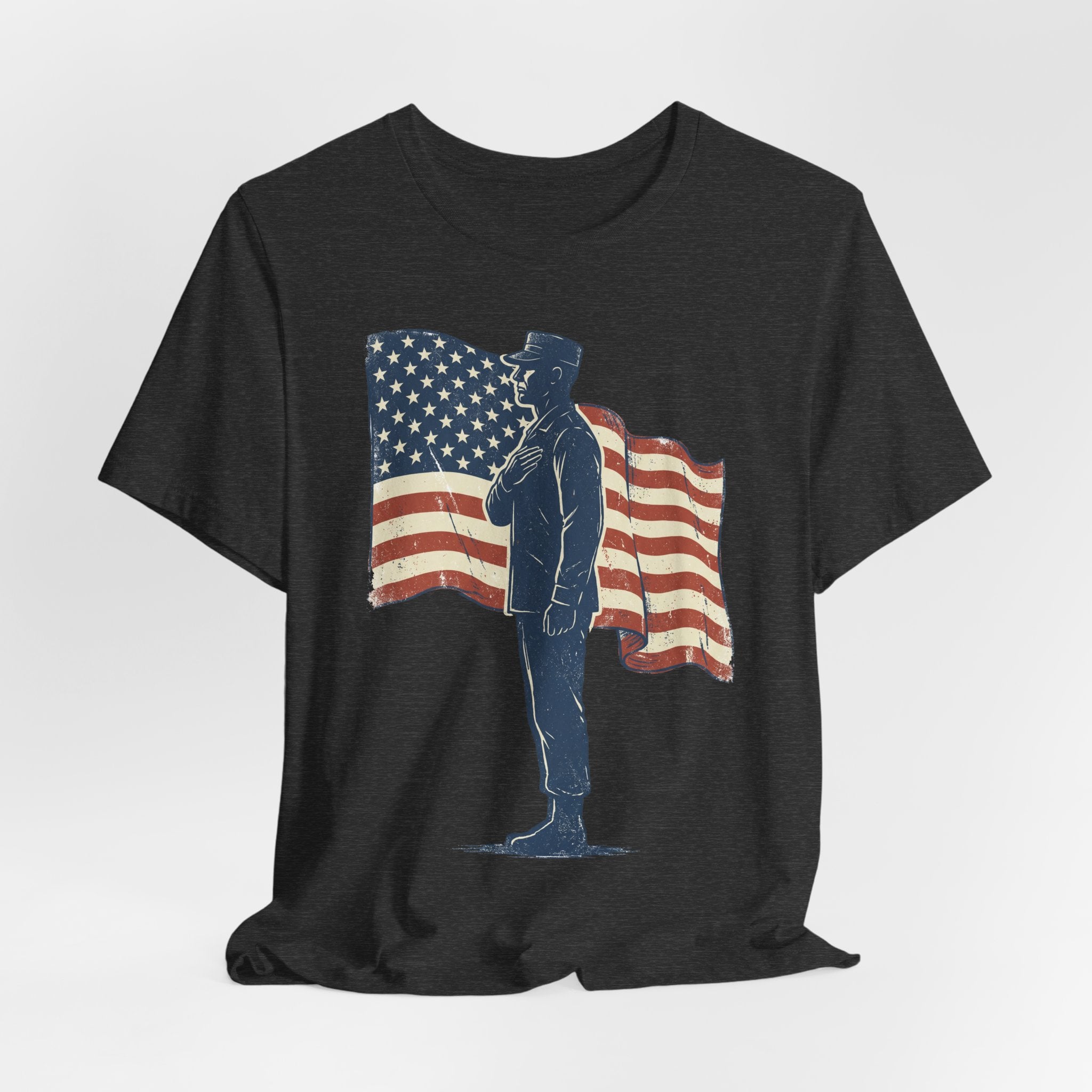 Black T-shirt with saluting soldier and American flag graphic on the front