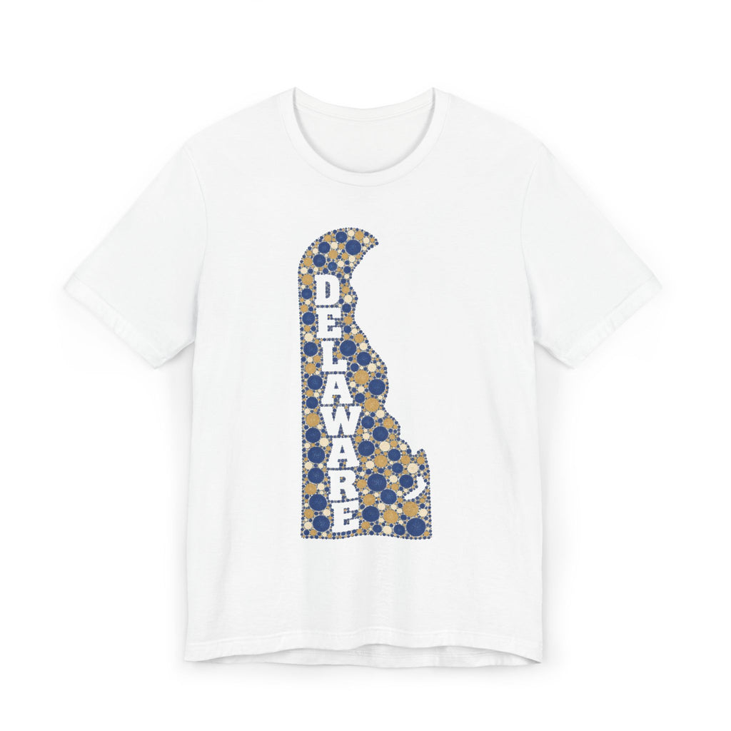 White T-shirt with blue-and-gold Delaware map alphabet graphic on the front