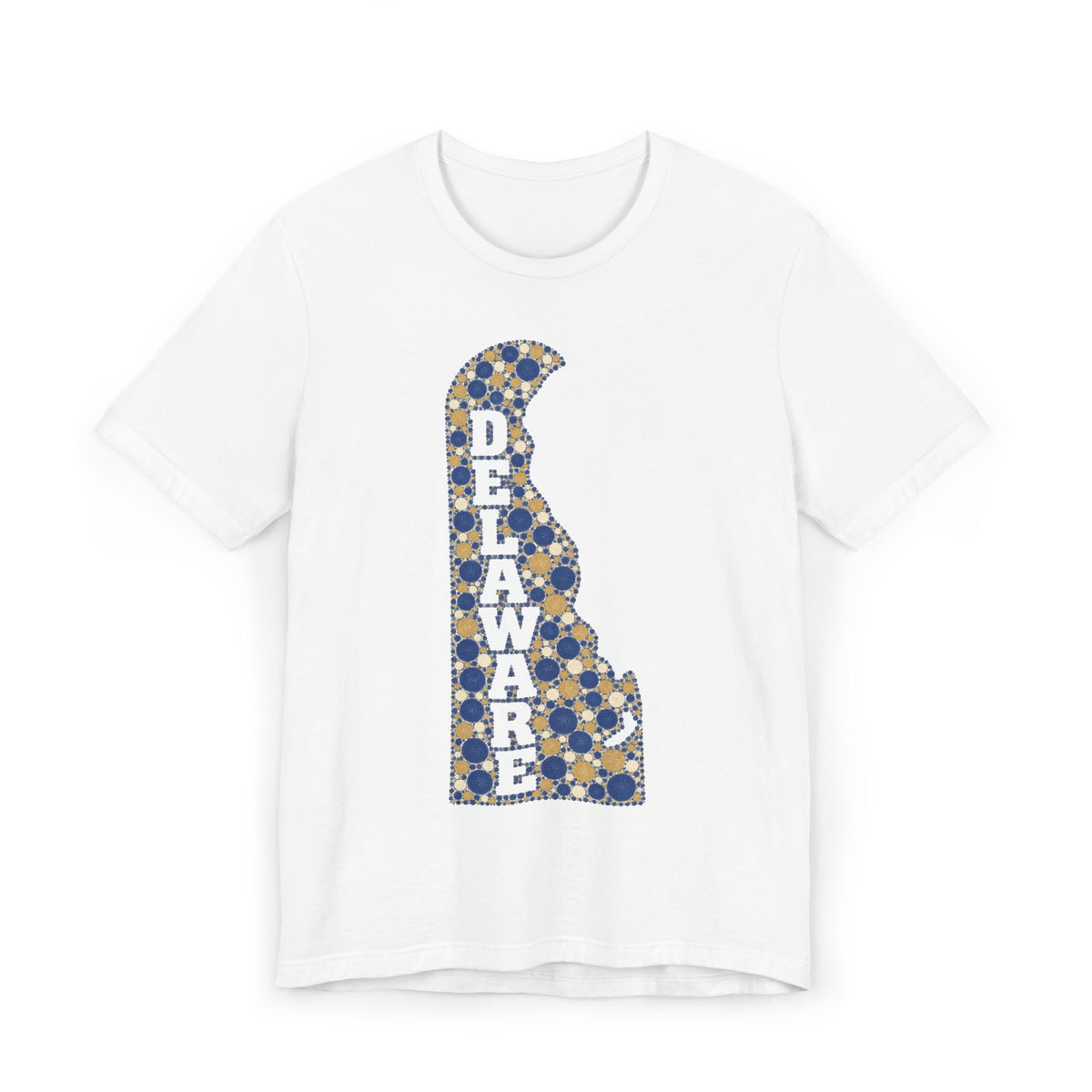 White T-shirt with blue-and-gold Delaware map alphabet graphic on the front