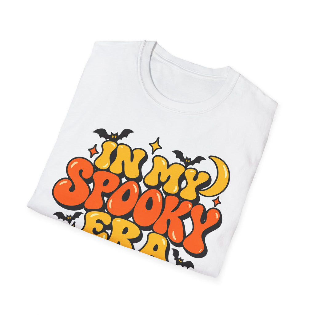 White T-shirt with orange, yellow, and black “In My Spooky Era” bubble lettering