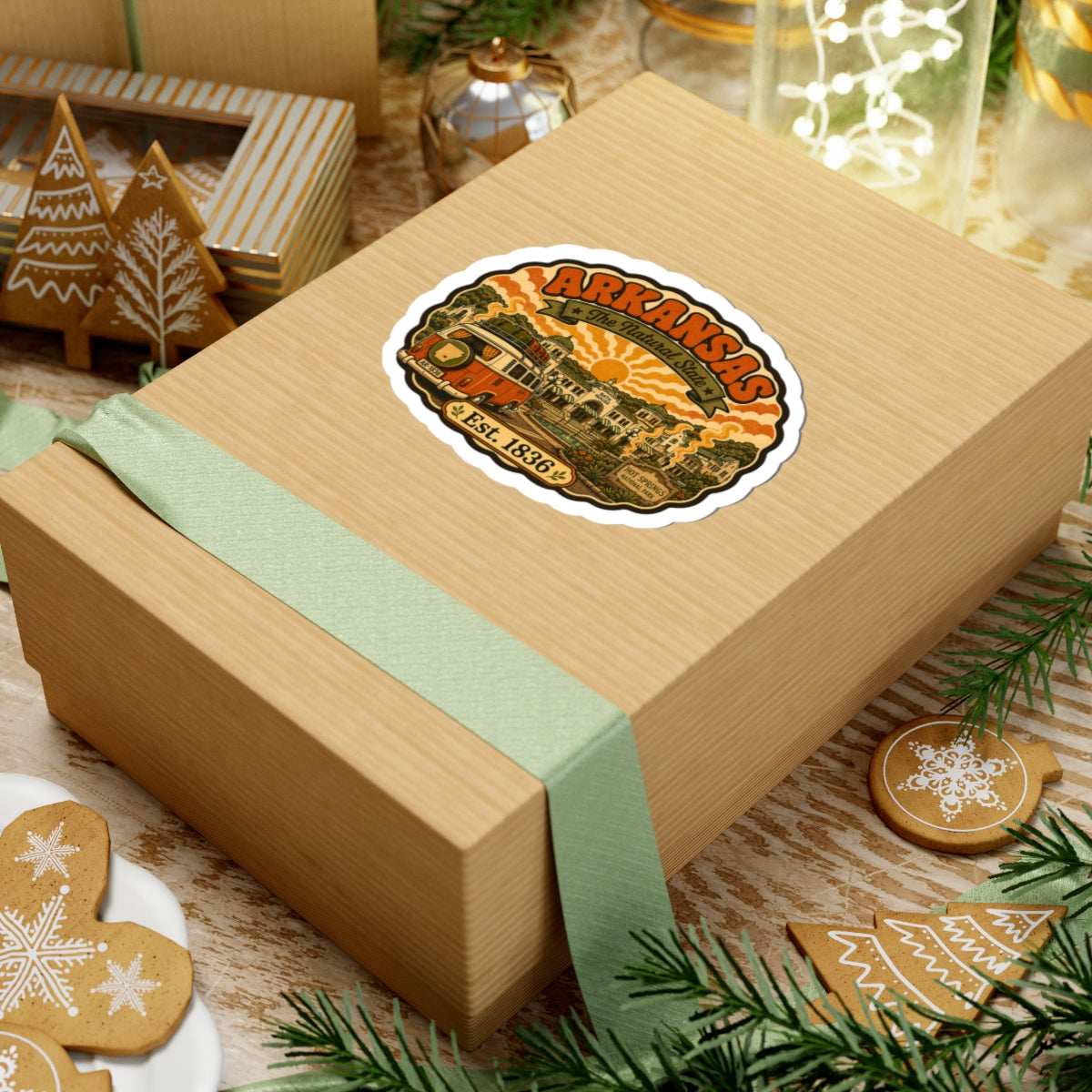 Round Arkansas travel sticker on a gift box, showing orange camper van and “Est. 1836”